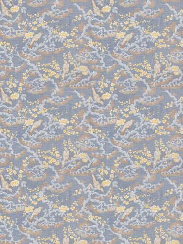 Floral Bird Print Drapery Fabric / Grey Citrine
