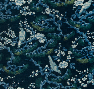 Floral Bird Print Drapery Fabric / Navy