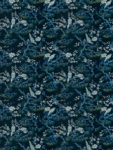Floral Bird Print Drapery Fabric / Navy