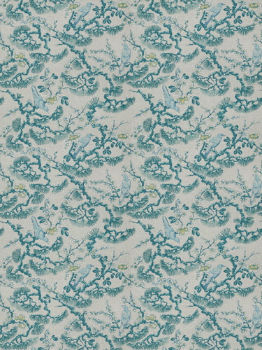 Floral Bird Print Drapery Fabric / Turquoise
