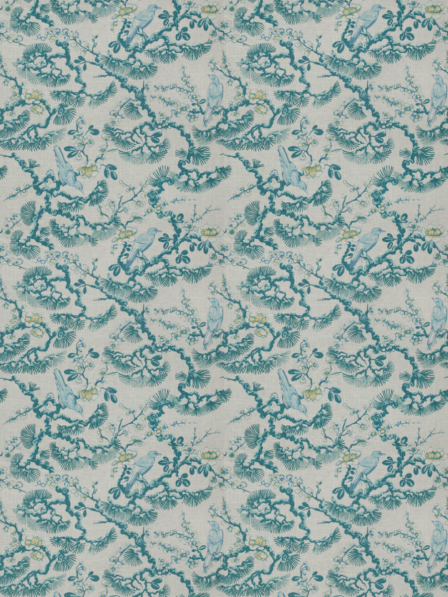Floral Bird Print Drapery Fabric / Turquoise