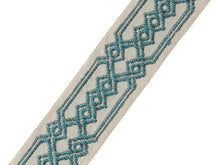 Load image into Gallery viewer, 2.125&quot; Wide Embroidered Aqua Blue Wheat Charcoal Teal Geometric Drapery Tape Trim
