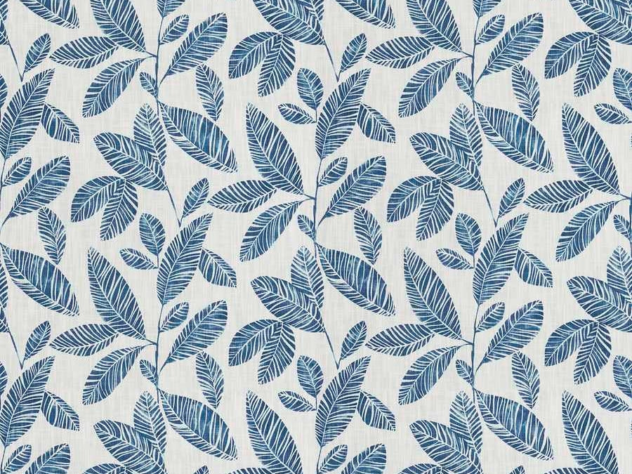 Cream Blue Botanical Leaves Water & Stain Resistant Cotton Upholstery Drapery Fabric