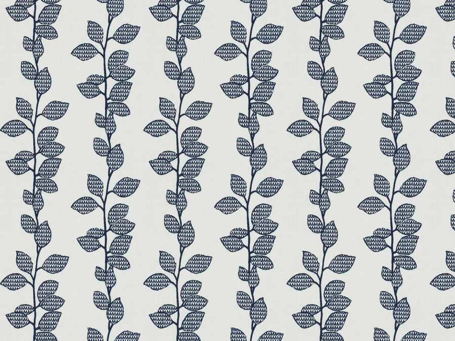 Off White Embroidered Botanical Navy Blue Drapery Fabric