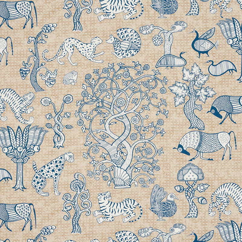 SCHUMACHER ANIMALIA FABRIC / BLUE & NATURAL