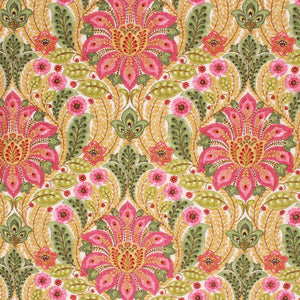 Cotton Drapery Upholstery Fabric Floral Medallion Mustard Yellow Green Red / Begonia Pink