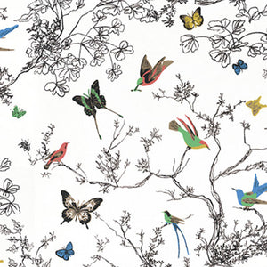 SCHUMACHER BIRDS & BUTTERFLIES FABRIC 174760 / MULTI ON WHITE