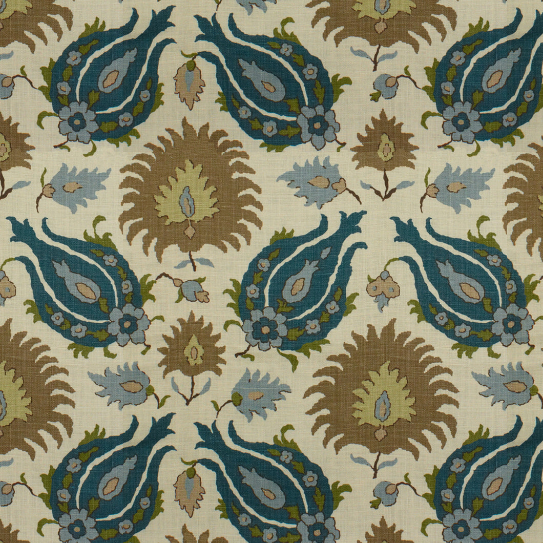 Brunschwig & Fils Kashmiri Linen Print Fabric / Teal Blue/Taupe