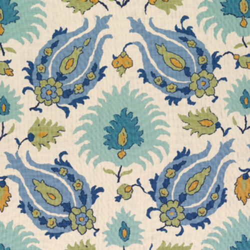 Brunschwig & Fils Kashmiri Linen Print Fabric / Peridot/Aquamarine