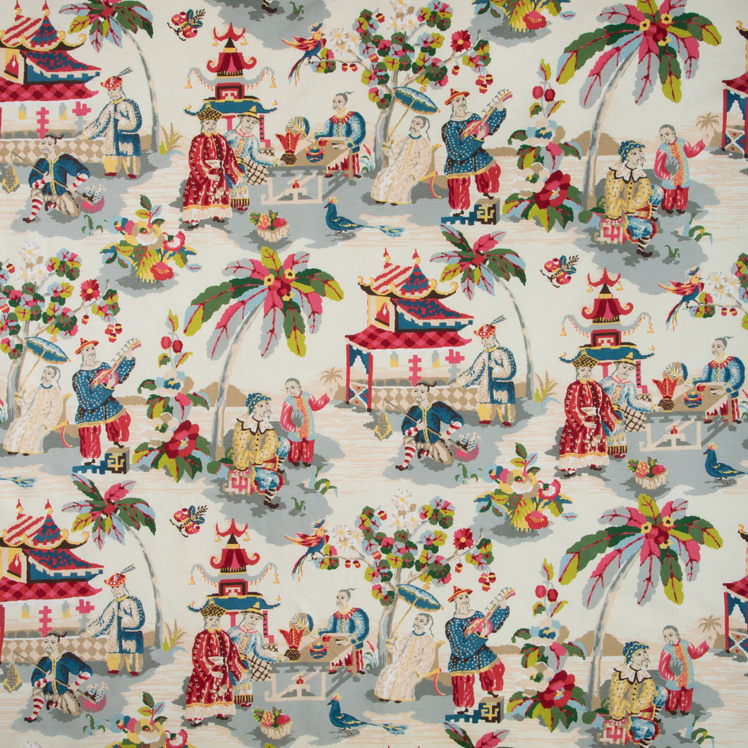 Brunschwig & Fils Xian Linen & Cotton Print Fabric / Prussian/Red
