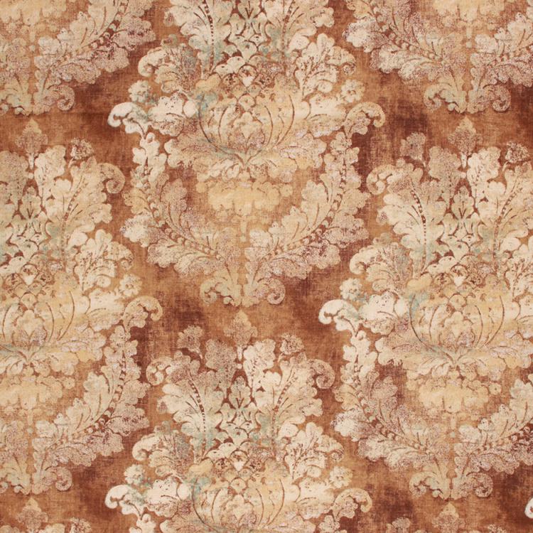 Linen Viscose Damask Drapery Fabric Bronze Gold Teal Ivory / Bronze