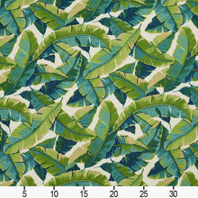 Load image into Gallery viewer, Essentials Outdoor Stain Resistant Banana Palm Leaves Upholstery Drapery Fabric Teal Lime White / Belize