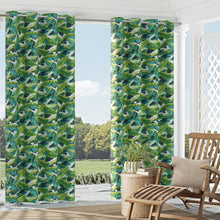 Load image into Gallery viewer, Essentials Outdoor Stain Resistant Banana Palm Leaves Upholstery Drapery Fabric Teal Lime White / Belize