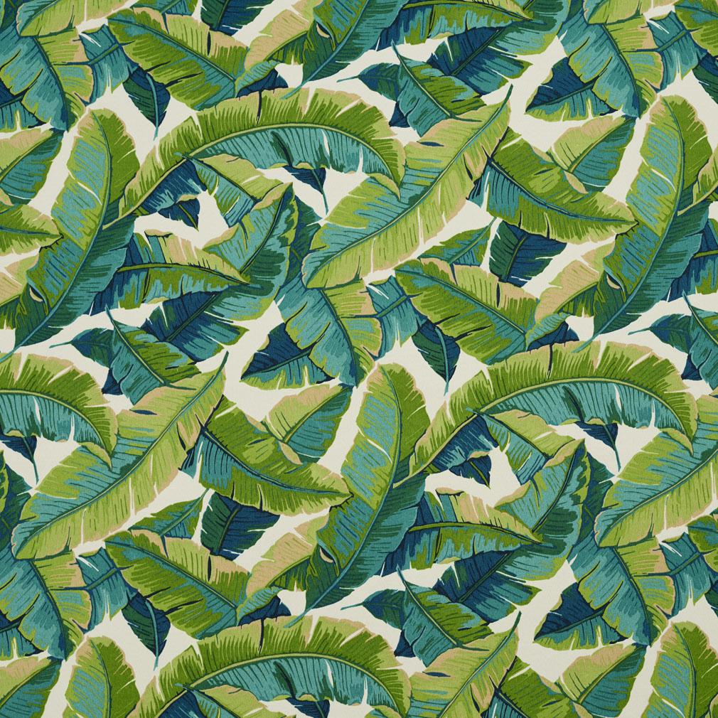 Essentials Outdoor Stain Resistant Banana Palm Leaves Upholstery Drapery Fabric Teal Lime White / Belize