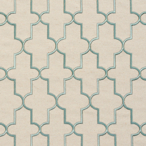 Essentials Linen Upholstery Drapery Fabric Beige Aqua Embroidered Trellis Geometric