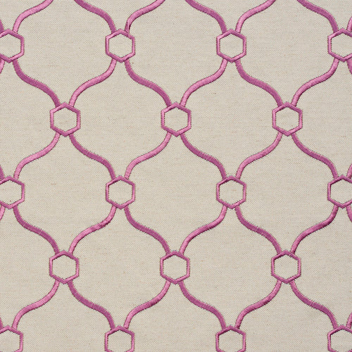 Essentials Linen Upholstery Drapery Fabric Beige Deep Pink Embroidered Trellis Geometric