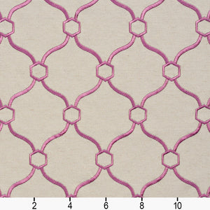 Essentials Linen Upholstery Drapery Fabric Beige Deep Pink Embroidered Trellis Geometric