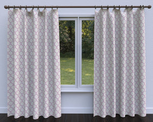 Essentials Linen Upholstery Drapery Fabric Beige Deep Pink Embroidered Trellis Geometric