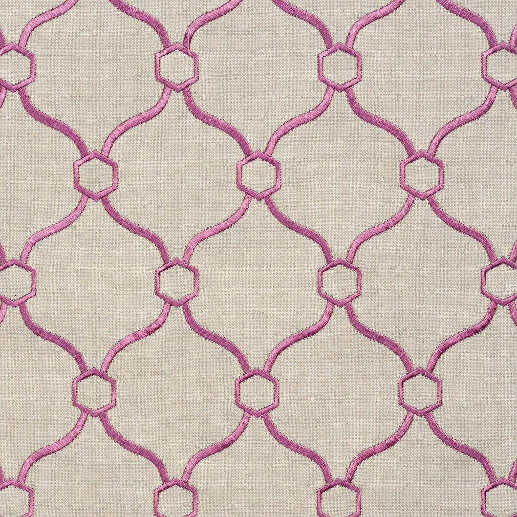 Essentials Linen Upholstery Drapery Fabric Beige Deep Pink Embroidered Trellis Geometric