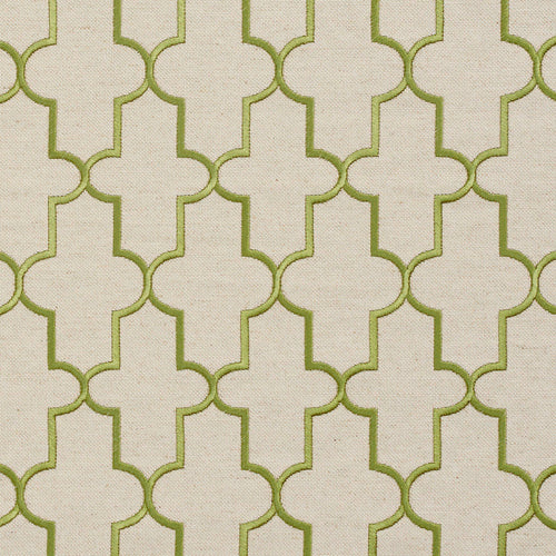 Essentials Linen Upholstery Drapery Fabric Beige Lime Embroidered Trellis Geometric