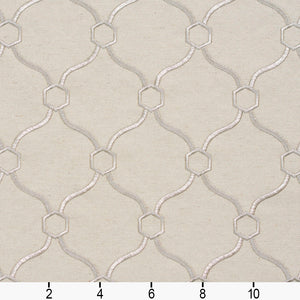 Essentials Linen Upholstery Drapery Fabric Beige Silver Embroidered Trellis Geometric