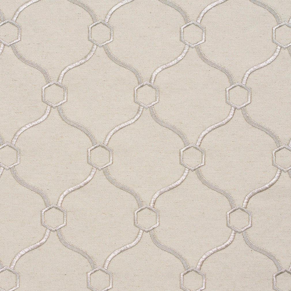 Essentials Linen Upholstery Drapery Fabric Beige Silver Embroidered Trellis Geometric