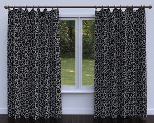 Essentials Linen Upholstery Drapery Fabric Black White Embroidered Squiggly