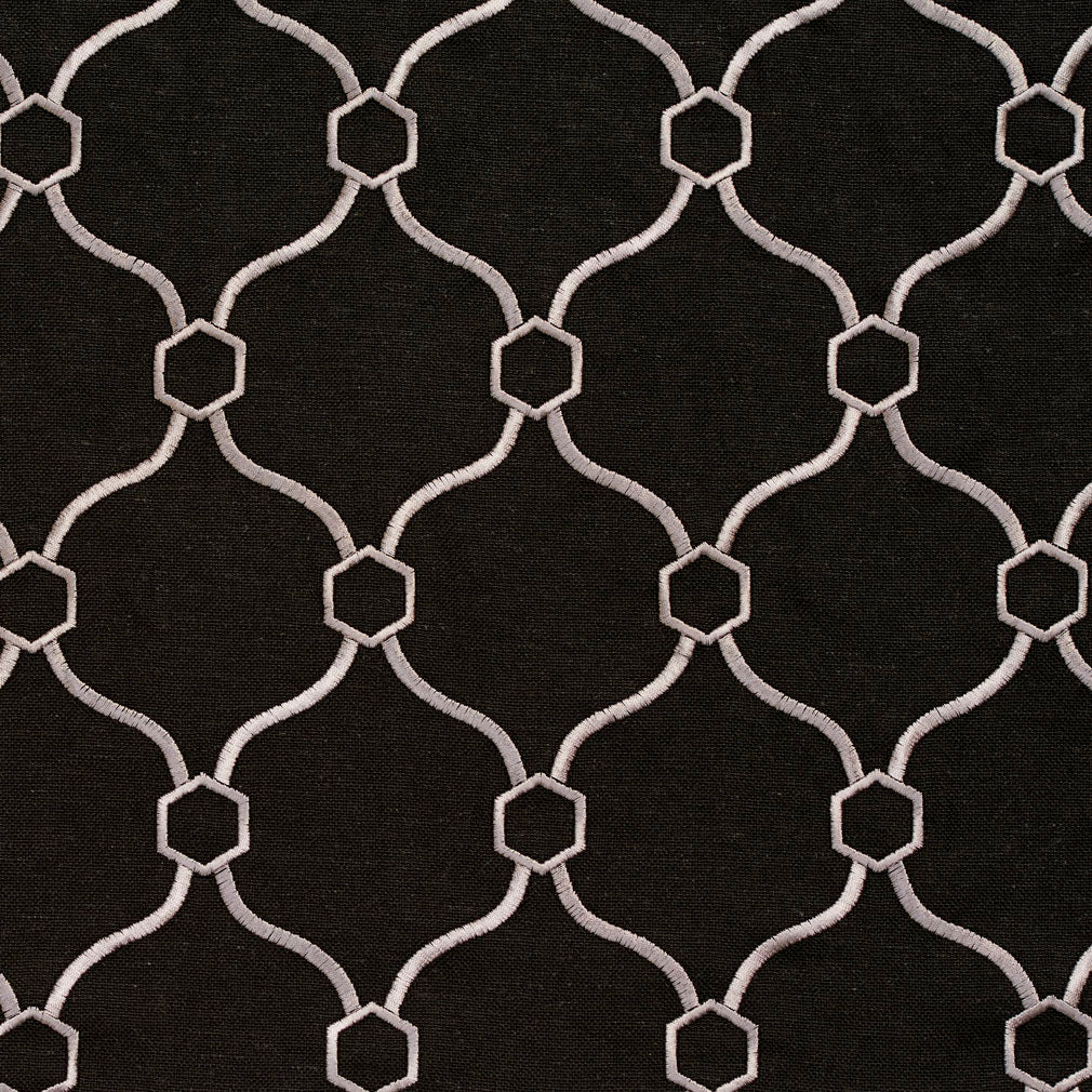 Essentials Linen Upholstery Drapery Fabric Black White Embroidered Trellis Geometric