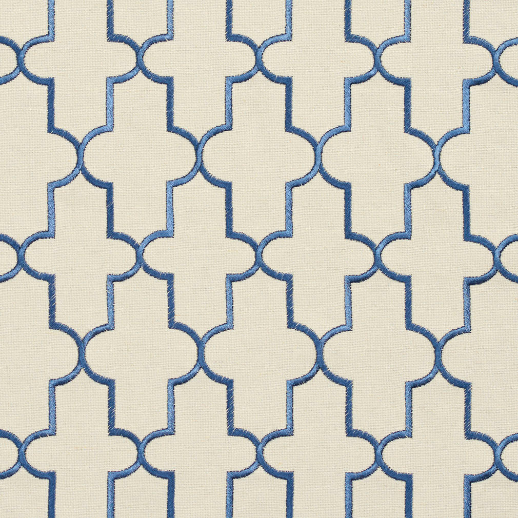 Essentials Blue Ivory Embroidered Trellis Geometric Drapery Upholstery Fabric