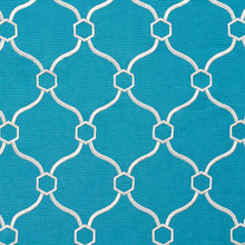 Load image into Gallery viewer, Essentials Linen Upholstery Drapery Fabric Blue White  Embroidered Trellis Geometric