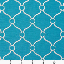 Load image into Gallery viewer, Essentials Linen Upholstery Drapery Fabric Blue White  Embroidered Trellis Geometric