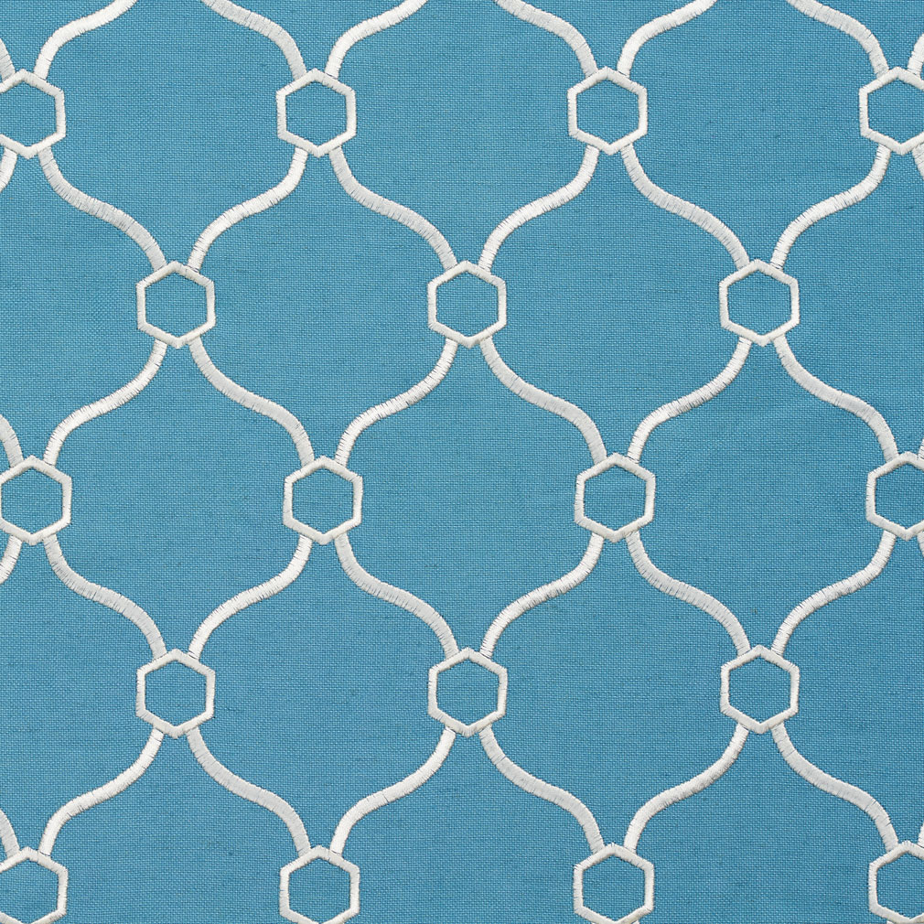 Essentials Linen Upholstery Drapery Fabric Blue White  Embroidered Trellis Geometric