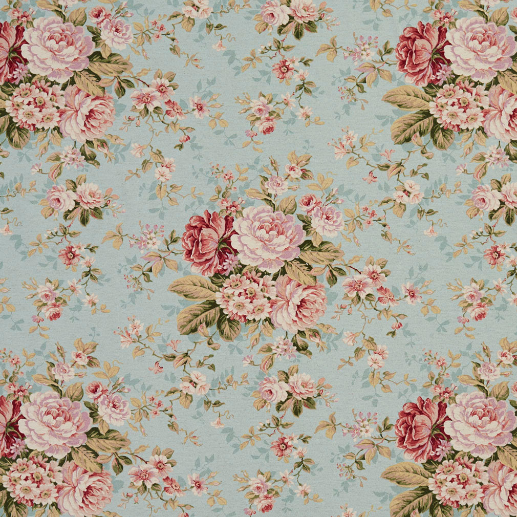 Essentials Botanical Aqua Pink Coral Burgundy Green Rose Floral Print Upholstery Drapery Fabric