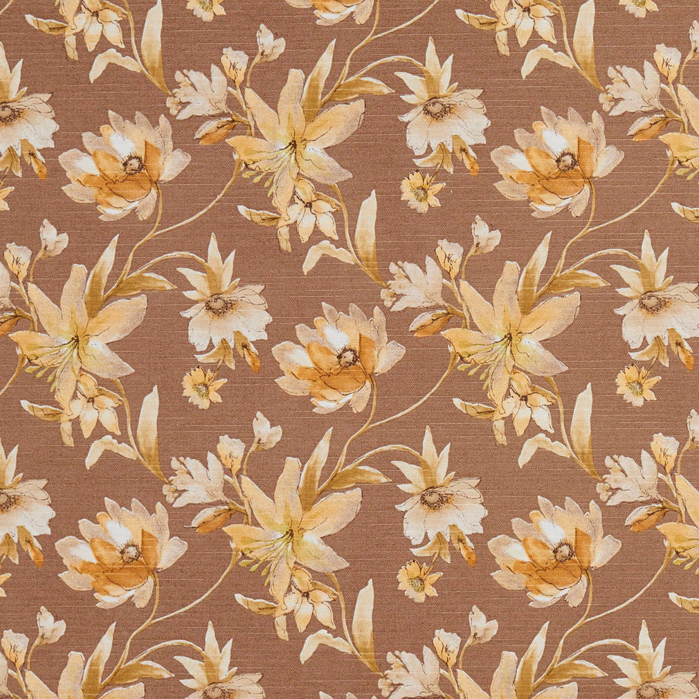 Essentials Botanical Brown Gold Tan White Rose Floral Print Upholstery Drapery Fabric