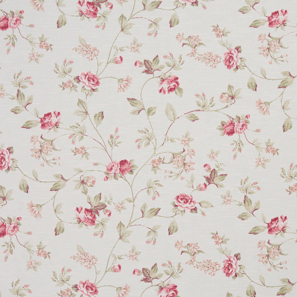 Essentials Botanical Crimson Green White Rose Floral Print Upholstery Drapery Fabric