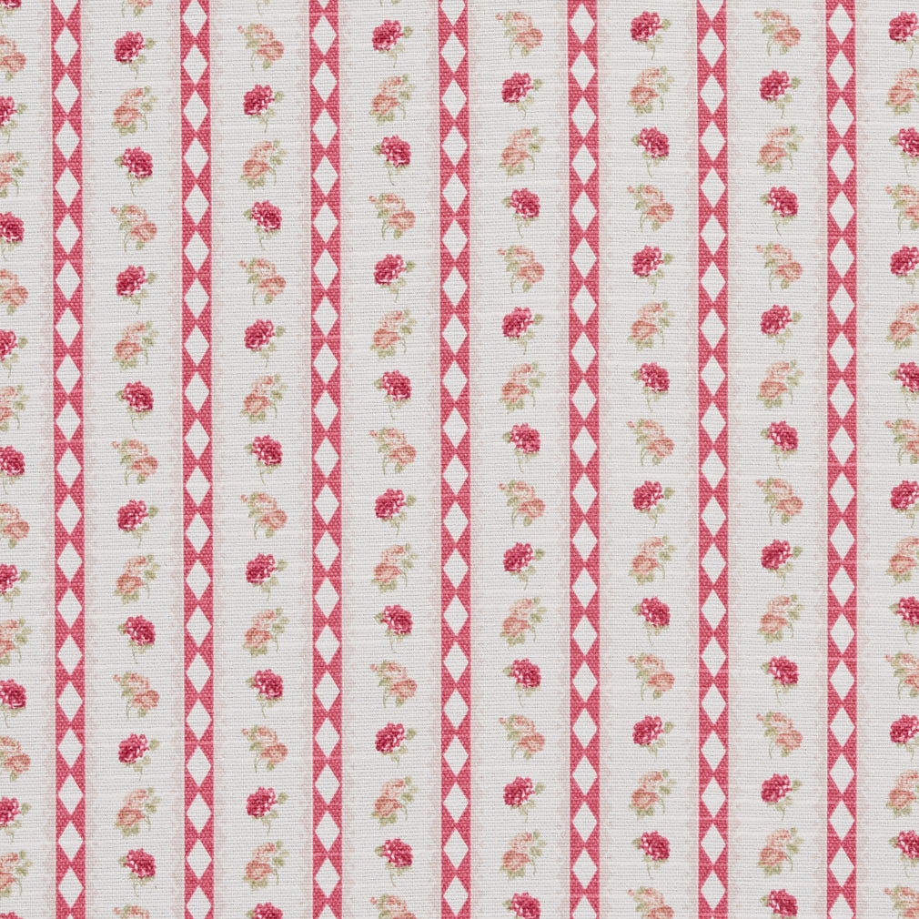 Essentials Botanical Crimson Light Pink Coral Green Rose Floral Stripe Print Upholstery Drapery Fabric
