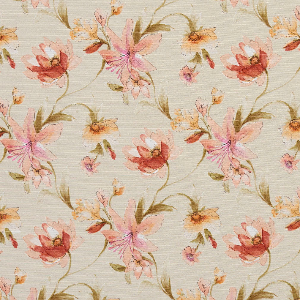 Essentials Botanical Maroon Coral Orange Olive Ivory Rose Floral Print Upholstery Drapery Fabric