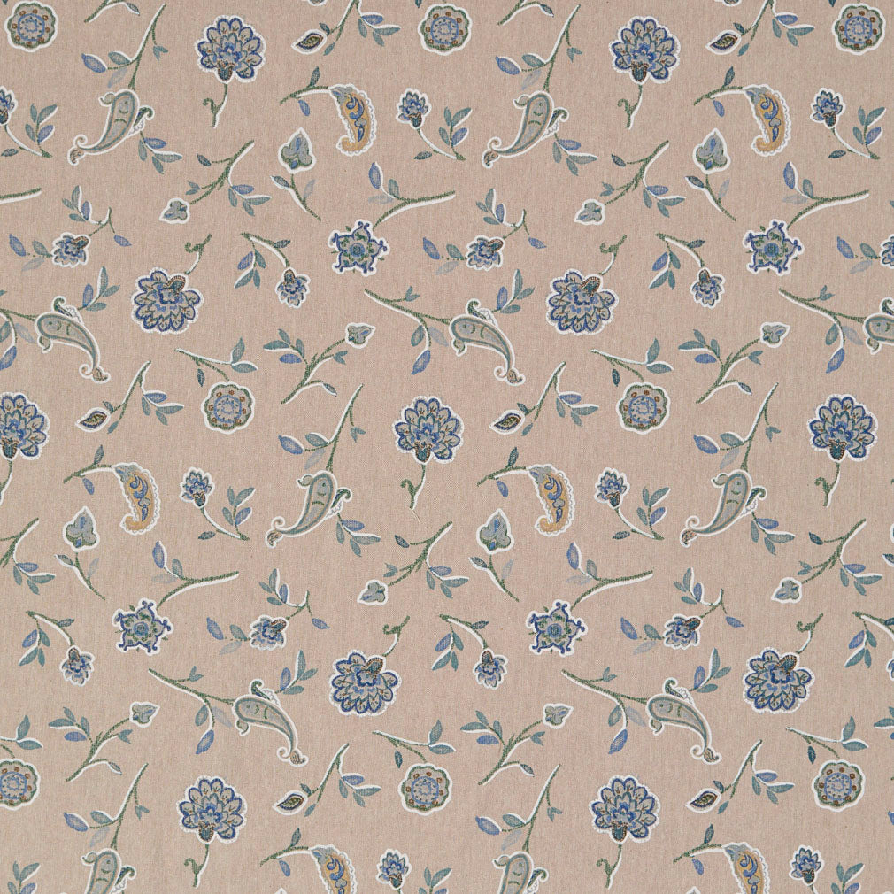 Essentials Botanical Tan Blue Green Rose Floral Print Upholstery Drapery Fabric