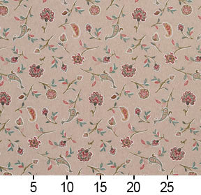 Essentials Botanical Tan Teal Coral Red Rose Floral Print Upholstery Drapery Fabric