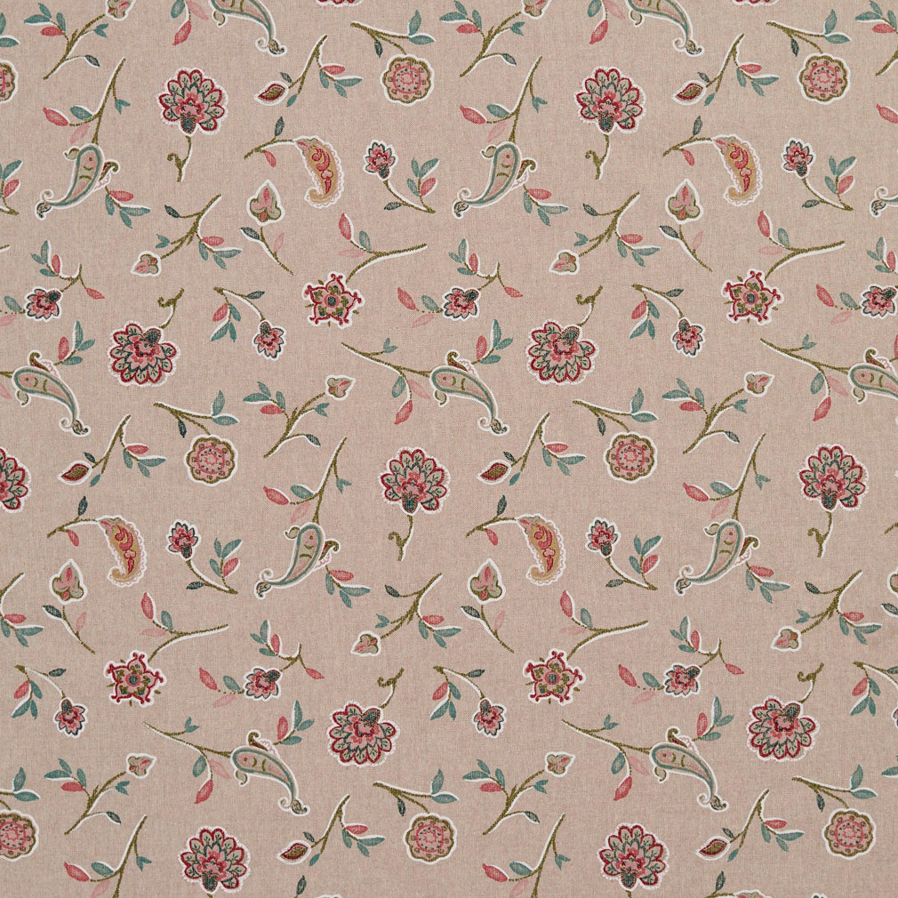 Essentials Botanical Tan Teal Coral Red Rose Floral Print Upholstery Drapery Fabric
