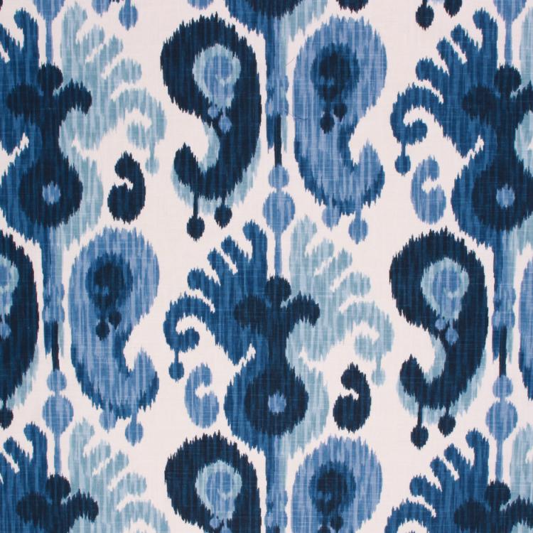 Linen Rayon Ikat Drapery Fabric Indigo Navy Aqua Blue Ivory Ethnic / Cobalt