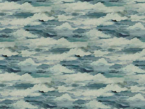 Cotton French Teal Blue White Cloud Print Upholstery Drapery Fabric
