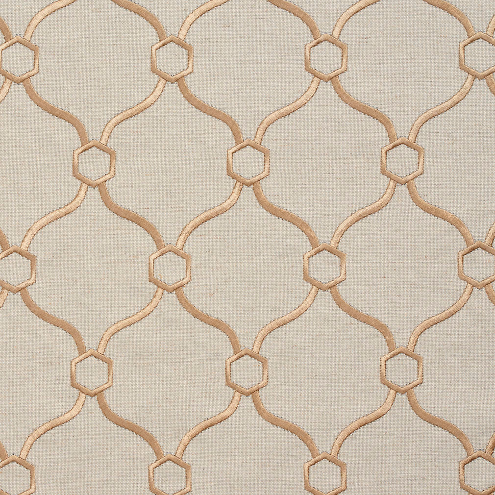 Essentials Linen Upholstery Drapery Fabric Cream Gold Embroidered Trellis Geometric