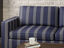Load image into Gallery viewer, Crypton Water &amp; Stain Resistant Navy Blue Black Beige Greek Key Stripe Upholstery Fabric