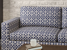 Load image into Gallery viewer, Crypton Water &amp; Stain Resistant Navy Blue Beige Geometric Trellis Upholstery Fabric