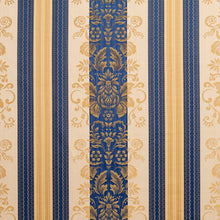 Load image into Gallery viewer, Essentials Upholstery Drapery Damask Stripe Fabric Blue Cream Gold / Regal Vintage