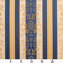 Load image into Gallery viewer, Essentials Upholstery Drapery Damask Stripe Fabric Blue Cream Gold / Regal Vintage