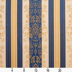 Essentials Upholstery Drapery Damask Stripe Fabric Blue Cream Gold / Regal Vintage