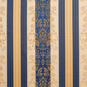 Essentials Upholstery Drapery Damask Stripe Fabric Blue Cream Gold / Regal Vintage