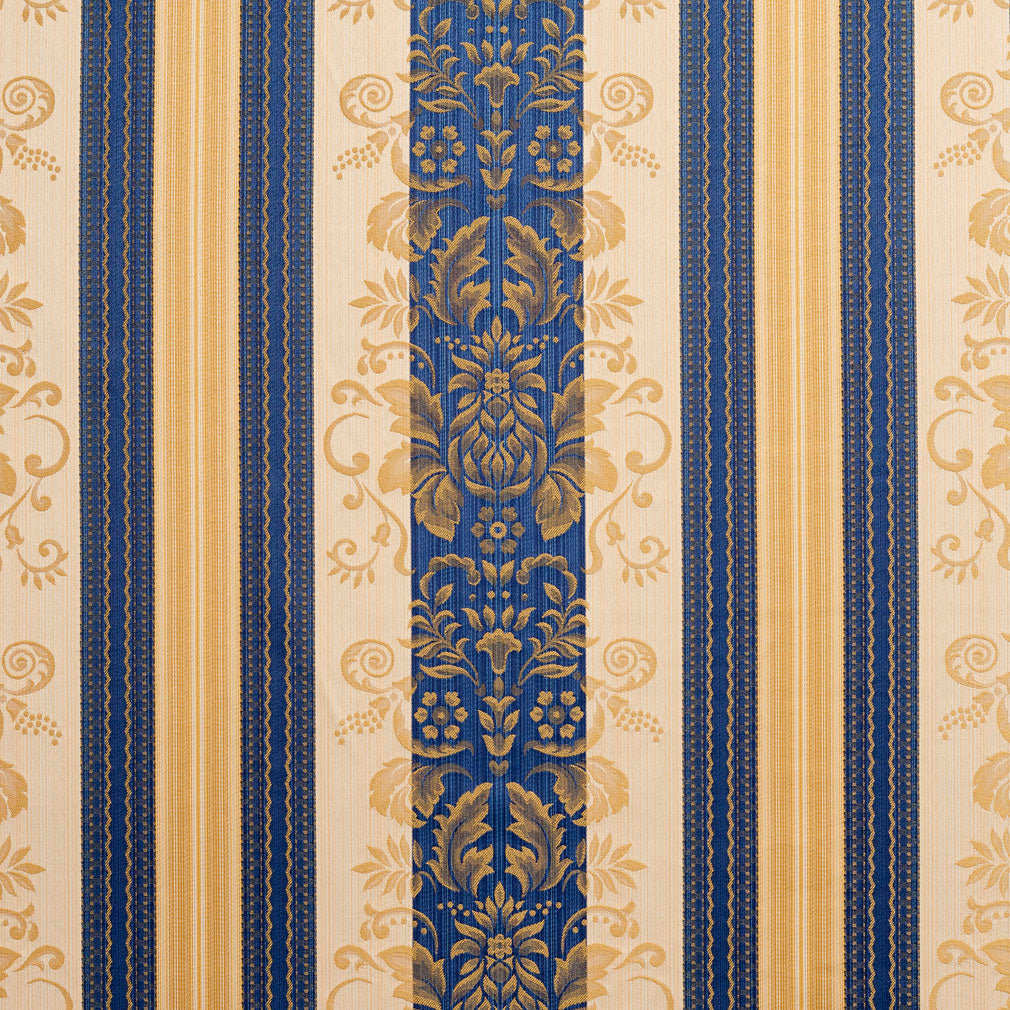 Essentials Upholstery Drapery Damask Stripe Fabric Blue Cream Gold / Regal Vintage